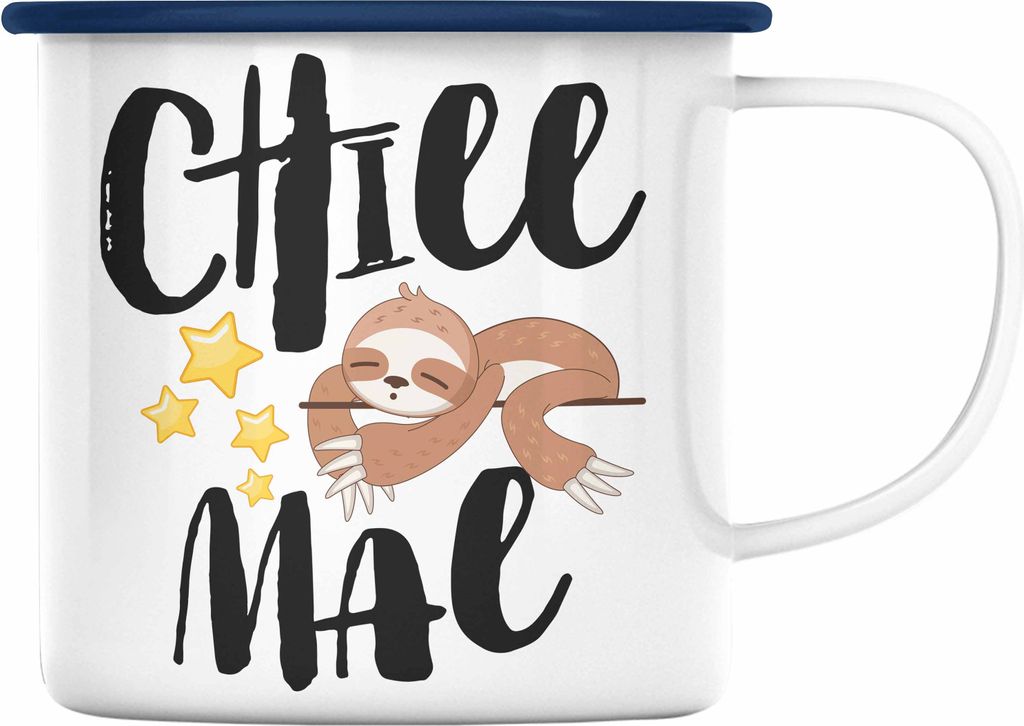 Trendation - Chill Mal Lustige Emaille Tasse für's Büro Arbeit Kollegin Männer Frauen Emaille Emaille Tasse Faultier Kinder Sprüche (Blau)