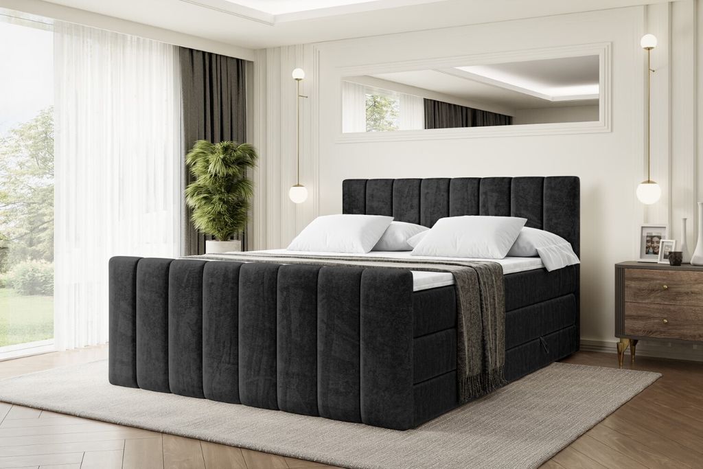 ALTDECOR Boxspringbett mit Fußteil, 2 Matratzen und Topper - 160x200 cm - OTTA-Z KING - Schwarz Samt - Polsterbett mit, H3- und H4- Matratzen, Bet...