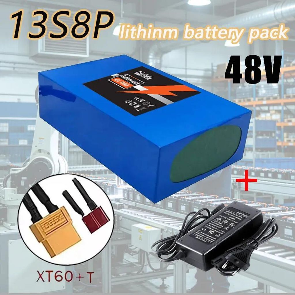 18650 Lithium Batterie 48V - 13S8P Akku Pack - 100Ah Kapazität - Für 48V 250–1500W E-Bike - Integriertes BMS - 54,6V 2A Ladegerät - XT60 T-Ste...