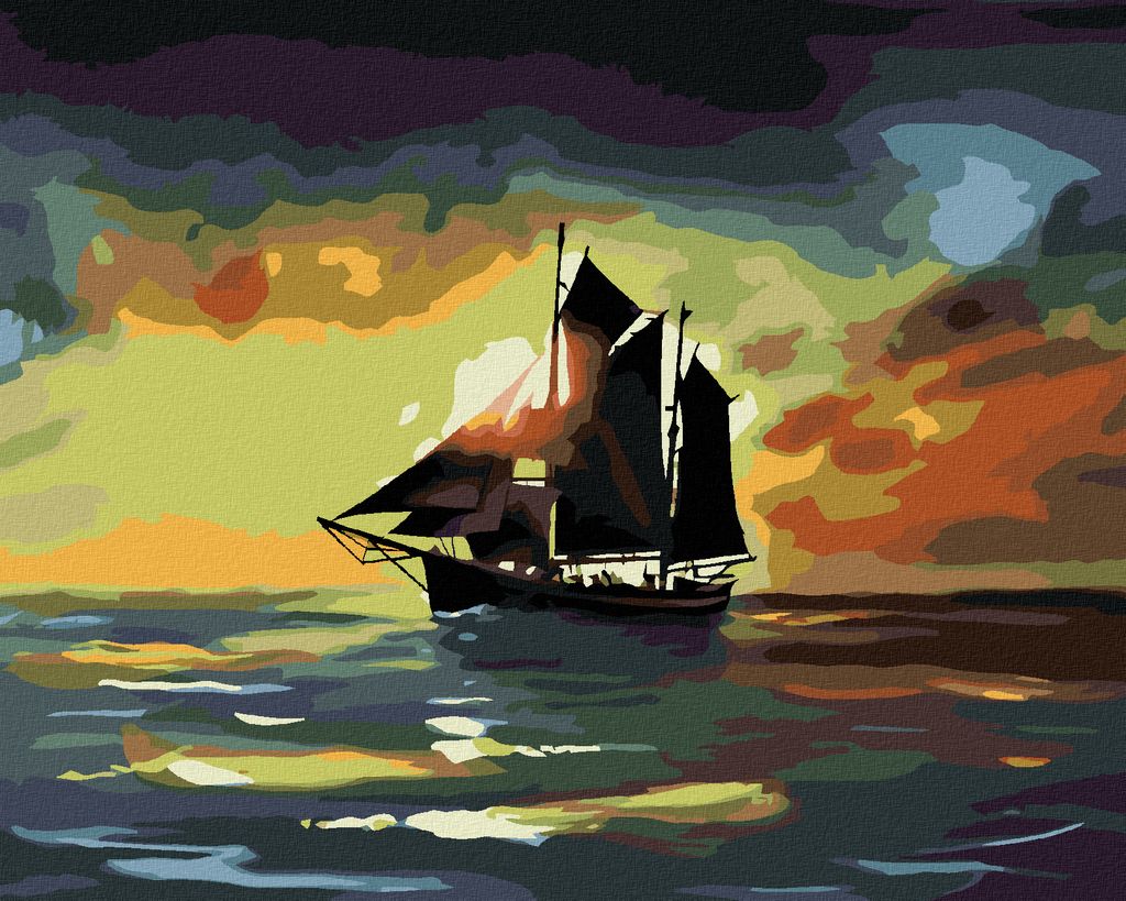 Zuty - Malen nach Zahlen - SEGELSCHIFF IM SONNENUNTERGANG (D. RUSTY RUST), 40x50 cm, mit Keilrahmen (bereits gespannt)