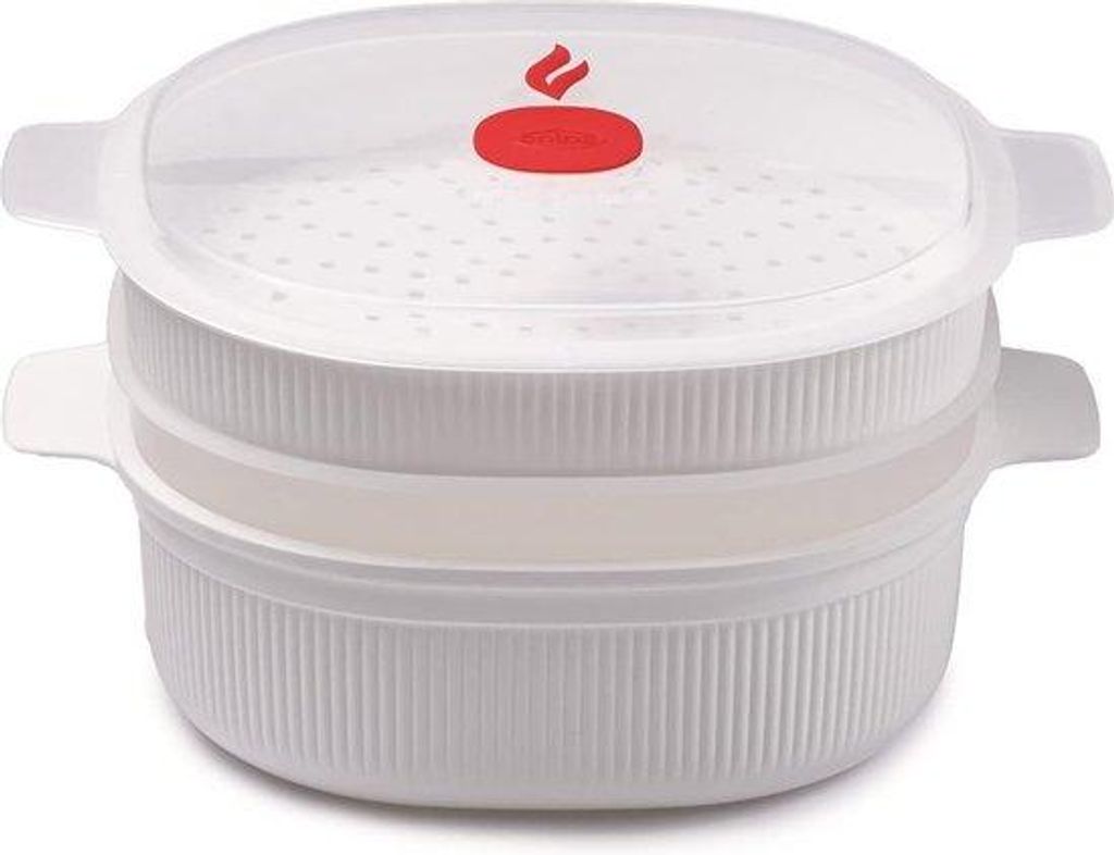 Stoomkoker für den Mikrowellengerät mit 2 Kochbehältern, 4 l, Dampfwanne mit Siebverschluss für Mikrowellengerät 26,5 x 22 x 13,5 cm, Farbe we...