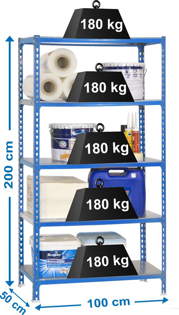 Schwerlastregal BIG METAL SHARK | HxBxT 200x100x50cm | Fachlast 180kg | Blau-Verzinkt