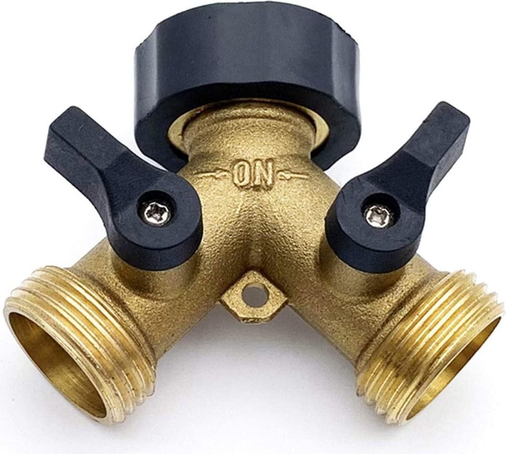A brass Y-shaped hose splitter with two black handles and a black cap on top, shown against a white background.