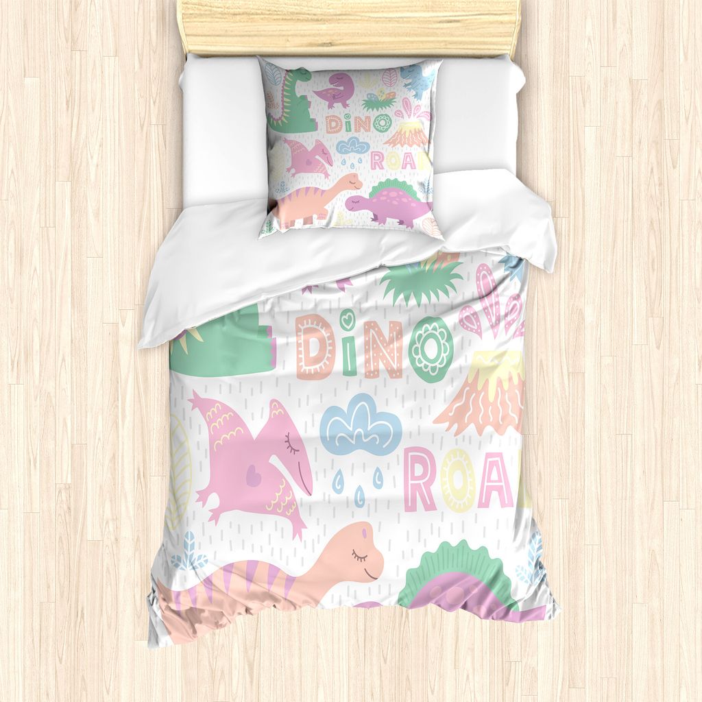 ABAKUHAUS Dino Bettbezug Set für Einzelbetten, Baby-T-Rex Nursery Themen Kunst, Milbensicher Allergiker geeignet mit Kissenbezug, 135 cm x 200 cm ...