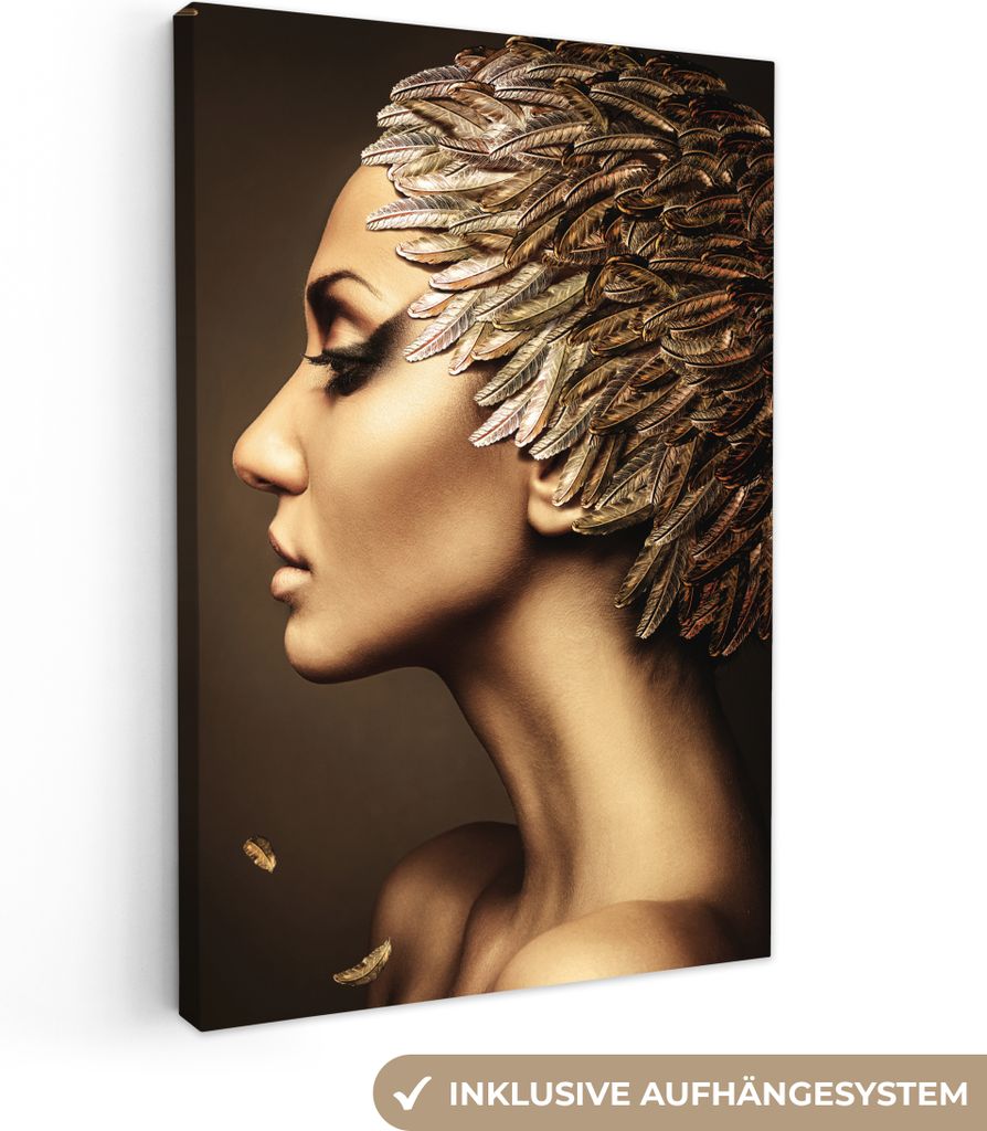 MuchoWow - Leinwandbilder - Frau - Abstrakt - Gold - Porträt, Wandbild, Wanddeko Bilder Wohnzimmer, 80x120 cm