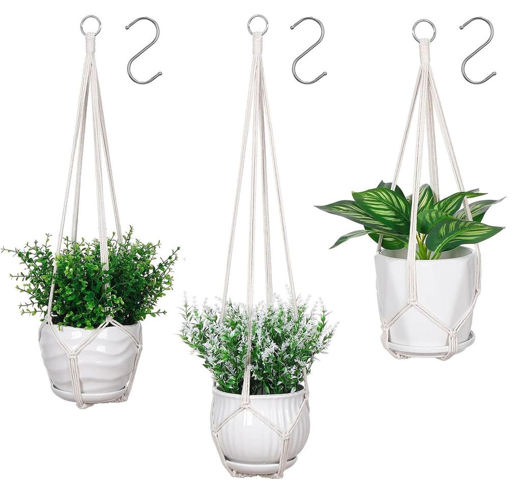Set aus 3 Makramee-Pflanzenampeln, Hängeampeln für drinnen mit 3 Haken, gehäkelte Pflanzenhalter ohne Quasten für drinnen und draußen, Boho-St...
