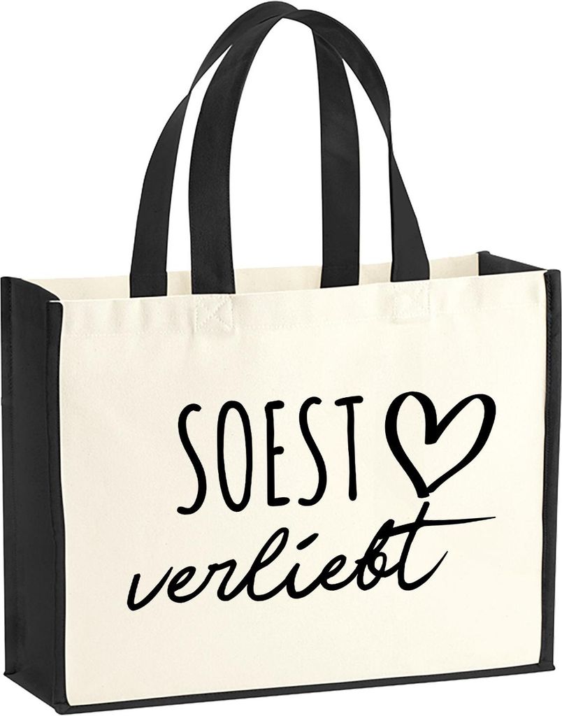 Huuraa Jutetasche Soest verliebt 21 Liter Black Jute und Baumwolle Einkaufstasche Geschenkidee
