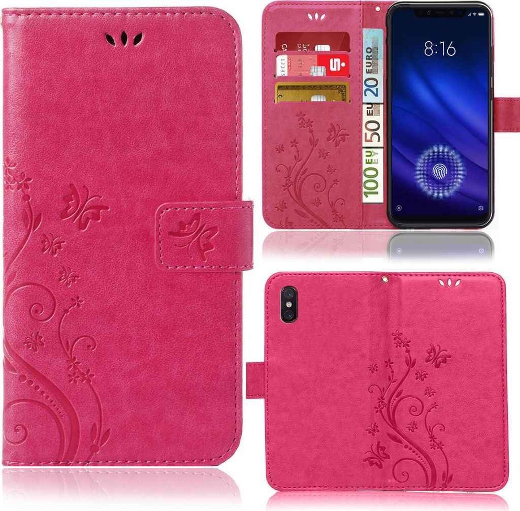 Handy Tasche für Xiaomi Mi 8 / Mi 8 Pro Schutz Hülle Handyhülle mit Blumenmuster Klapp Hülle mit Standfunktion und Kartenfächer Pink