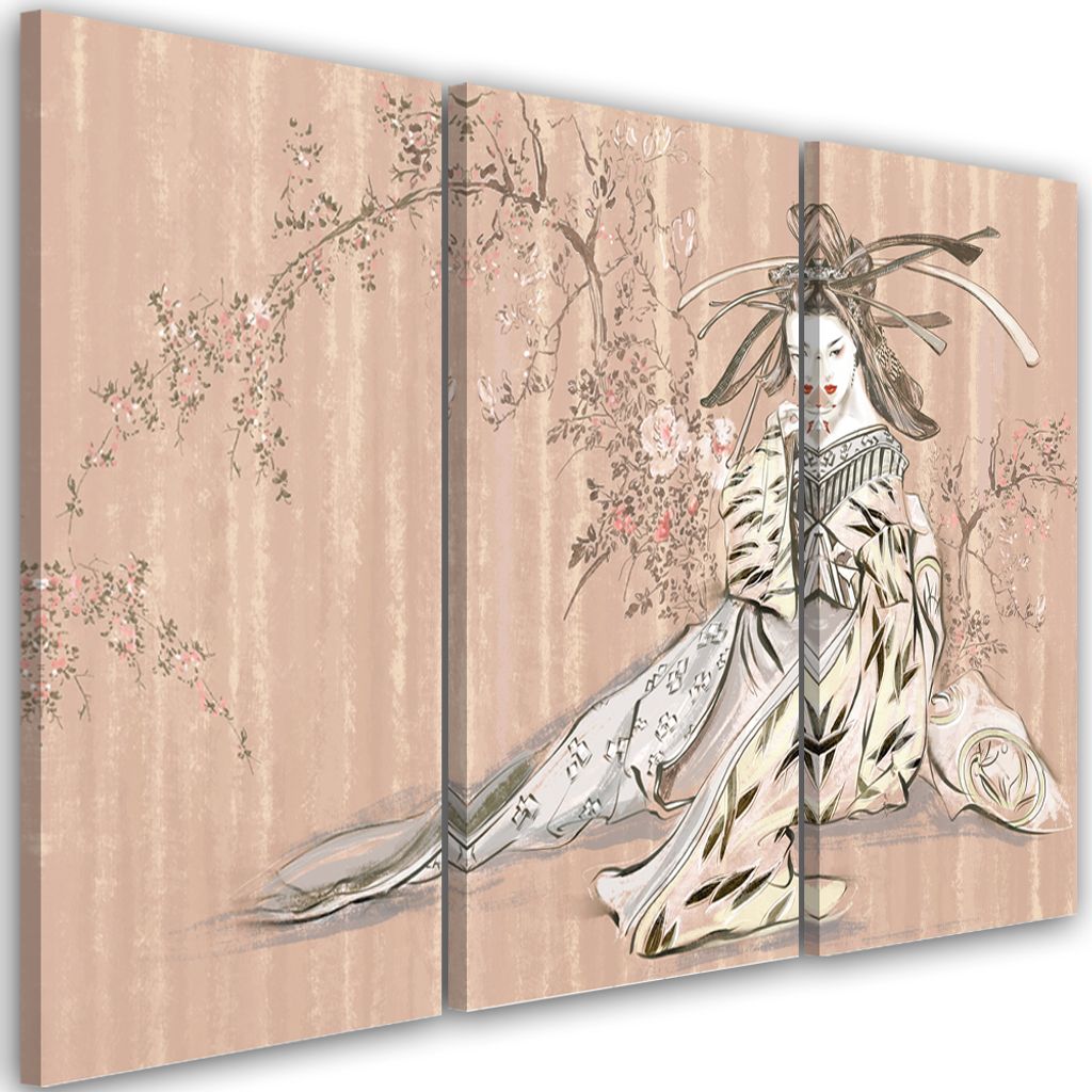 Triptychon auf leinwand traditionelle japanische geisha 90x60 cm Feeby orange wandbild bereit zum aufhängen