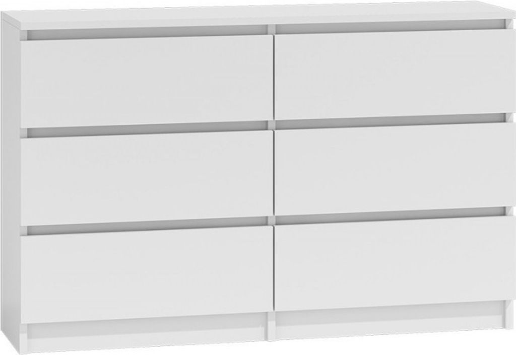 A white dresser with six drawers.