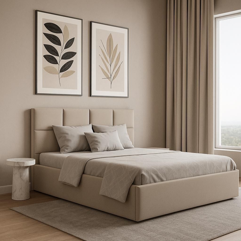A bedroom scene with a bed, artwork, and curtains.