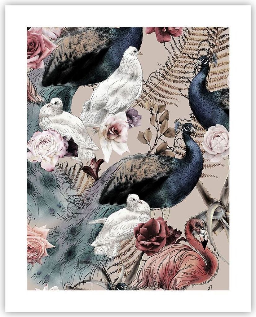 Poster - Poster ohne Rahmen - Pfauen Squab Flamingos - 40x50 cm - Wand Bild - Wanddeko - Wandbilder - Kunstposter - Wandposter - Bilder - Kunstdruc...