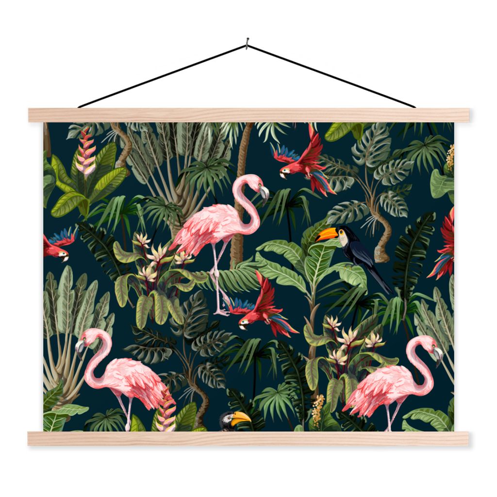MuchoWow Textilposter Jungtiere - Muster - Kinder - Flamingo - Papagei - Kinder 120x90 cm mit holzfarbenen Rahmen - Magnetisch