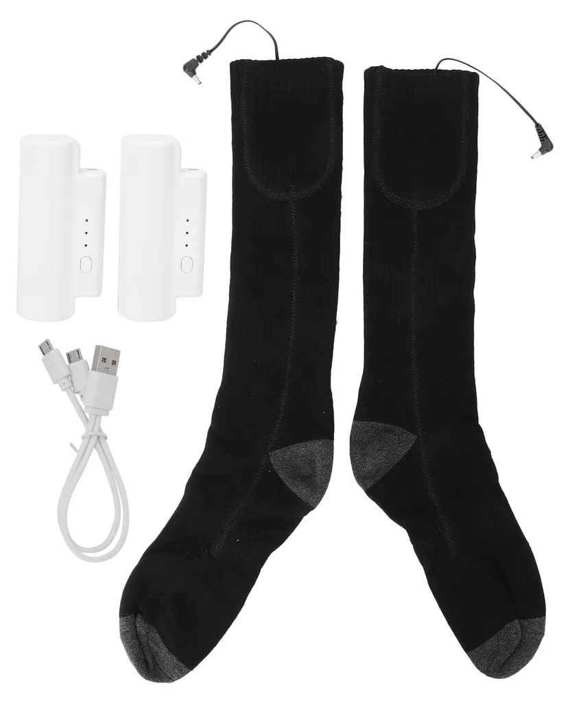 Chaussettes chauffantes électriques USB en coton épais gris et noir
