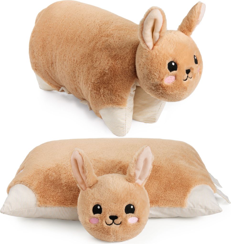 Two views of a plush bunny pillow, one in its pillow form and one with the bunny head unfolded.