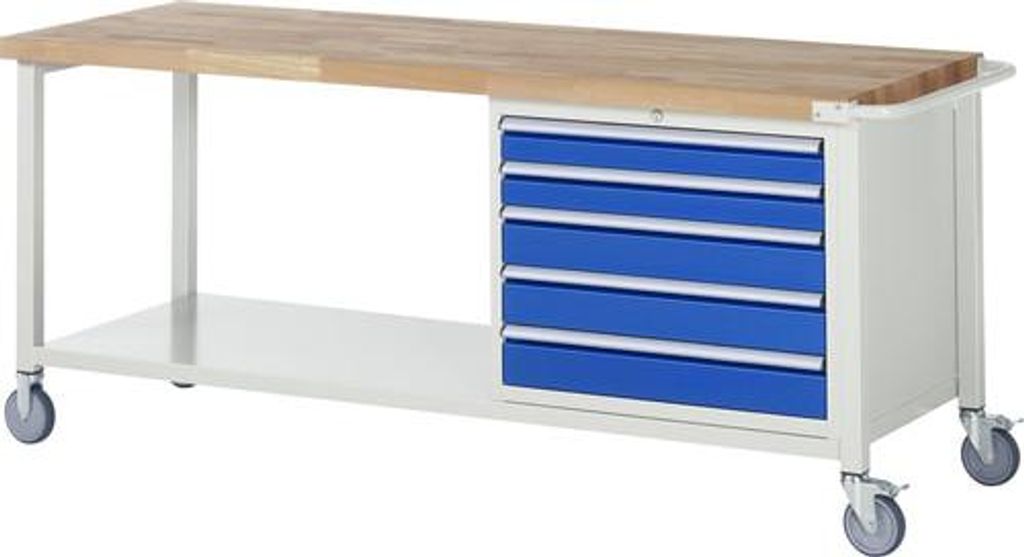 Mobile Werkbank mit Ablageboden - 5 XL Schubladen - Vollauszug - 90:2 / 120:3 - 880 x 2.000 x 700 mm (HxBxT) - Traglast 450 kg - Buche