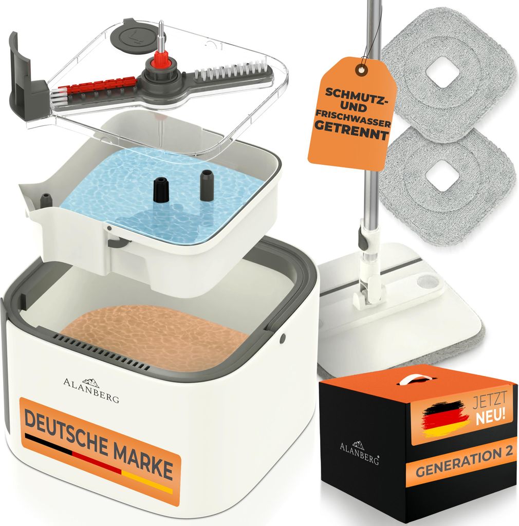 ALANBERG Wischmopp Set mit Eimer – Gen 2 - Kammersystem für Schmutz- & Frischwassertrennung, praktisches Auswringsystem für alle Bodenarten (...