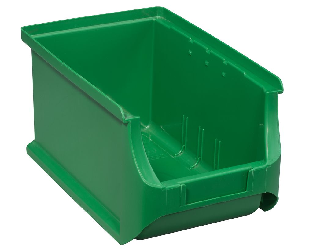 A green plastic storage bin is shown against a white background.