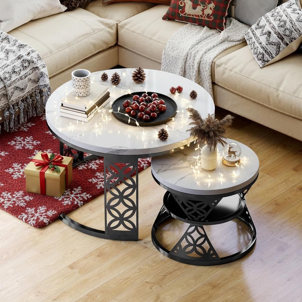 okwish Couchtisch-Set 2-teilig rund-weiß Marmor Optik – Produktbild 