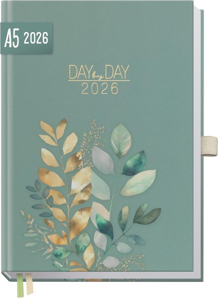 Organizer Day by Day 2026 - 1 Tag/Seite / A5 / Shiny Leaves / Häfft-Verlag