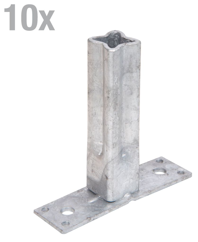 A single metal handrail support post with a base plate, isolated on a white background.