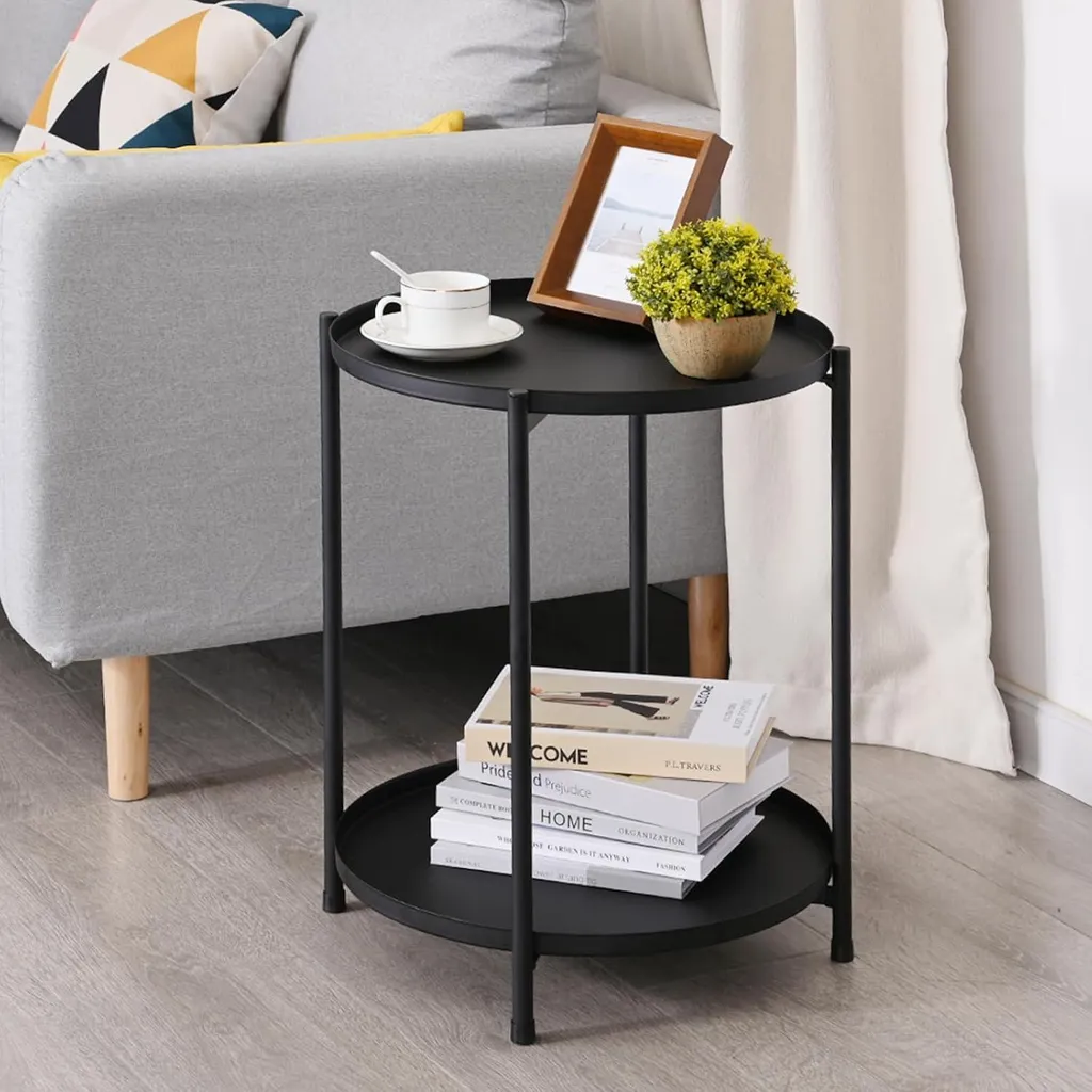 Table d'appoint ronde noire en métal 2 niveaux étanche 40x52 cm