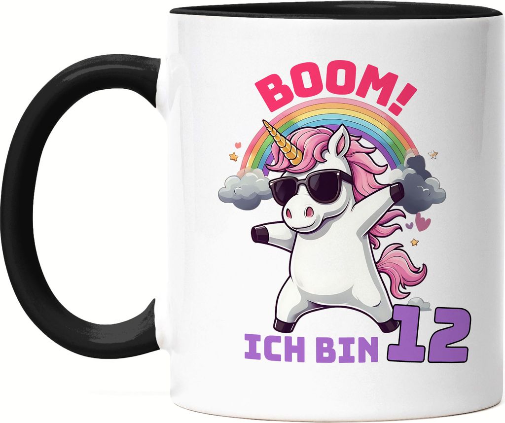 Boom Ich Bin 12 Tasse Schwarz Kindergeburtstag Einhorn Geschenk Party Dabbing Regenbogen Spaß