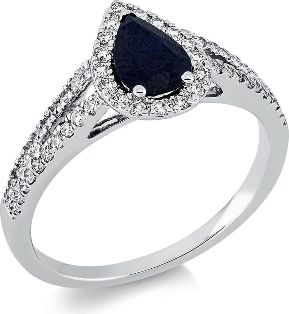 Ring Tropfen 750 Weißgold Saphir 0,82ct blau 57 Diamanten 0,34ct TW-SI B:10,4mm Innenumfang 54mm Ø17.2mm