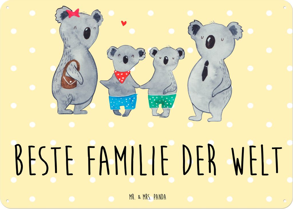 Mr. & Mrs. Panda Blechschild Koala Familie zwei DIN A5 - Gelb Pastell - Geschenk, Retro, Muttertag, Koalabär, Blechtafel, Wandbild, tafel, Schild