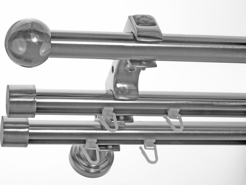 Rohr + 2 x Innenlauf Edelstahl Look Gardinenstange 20mm Wandträger 3-läufig mit Kugel H60 E33E30 RI+ 1x B20I