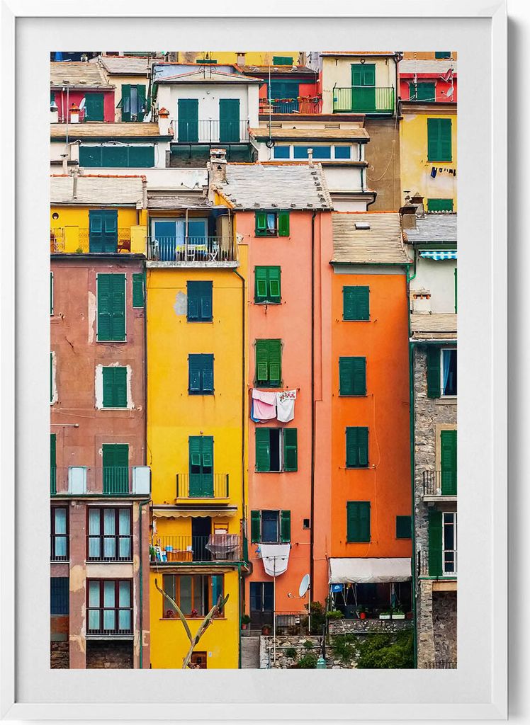 Bunte Gebäude Architektur– Wandbild mit Rahmen – Gerahmtes Bild – Wanddekoration – 70x100 cm – Weiß Rahmen