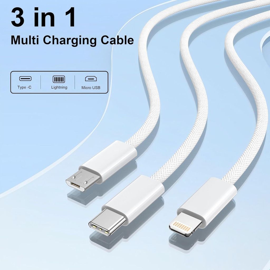 3in1 Ladekabel 1,2m USB auf USB-C Lightning Micro USB silber , E6601