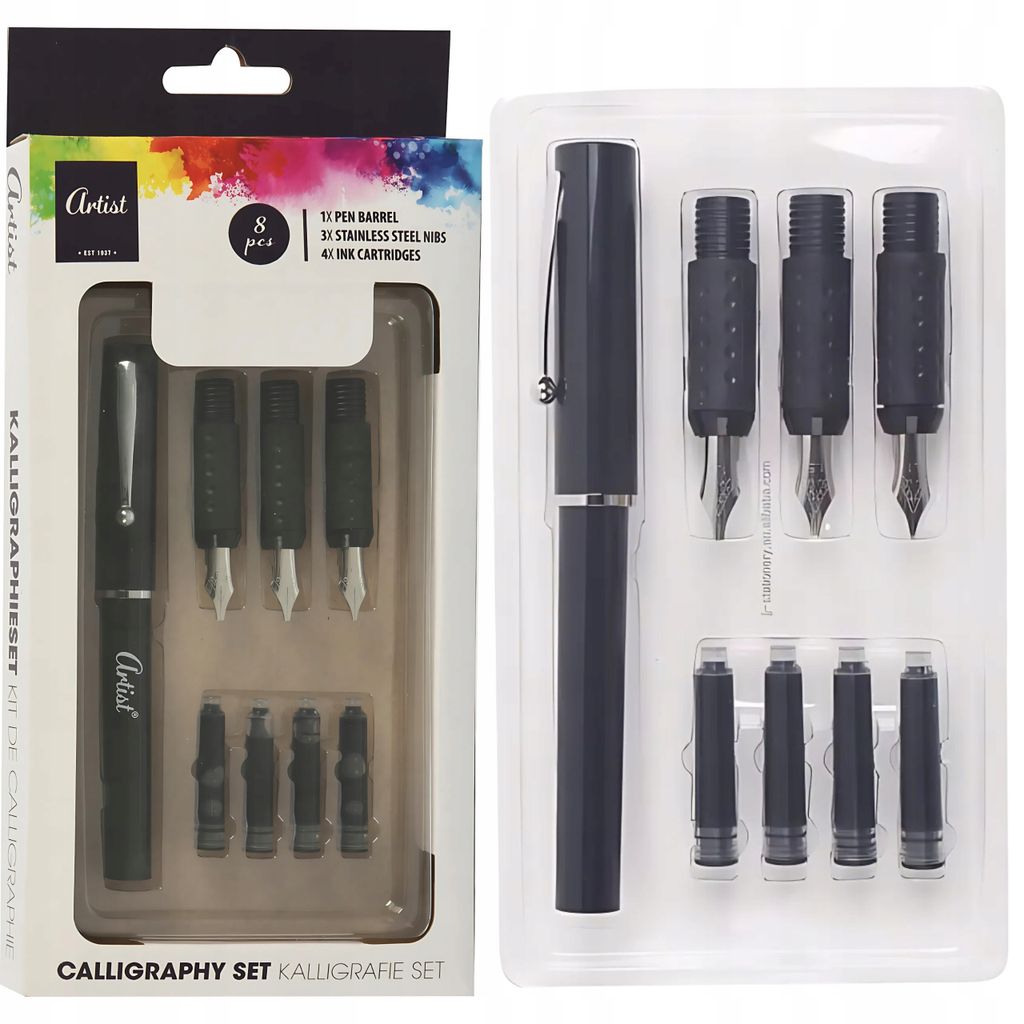 A calligraphy set is displayed in its packaging, with the product and its components clearly visible.