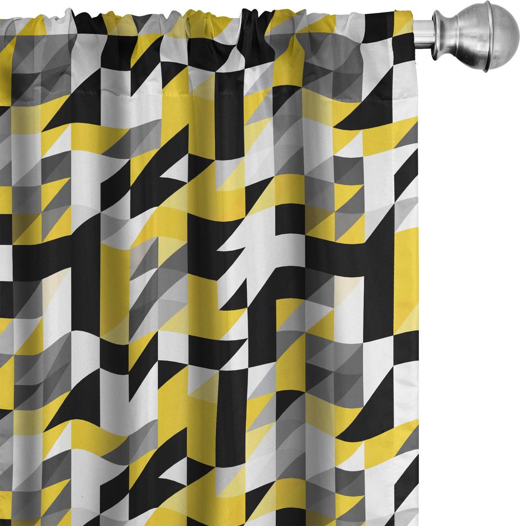 ABAKUHAUS Gelb und Weiß Vorhänge, Gardinen, Geometrisches Design mit Dreiecken und Houndstooh Inspiration, 2 Stück 75 x 175 cm, Gelb Grau Schwarz