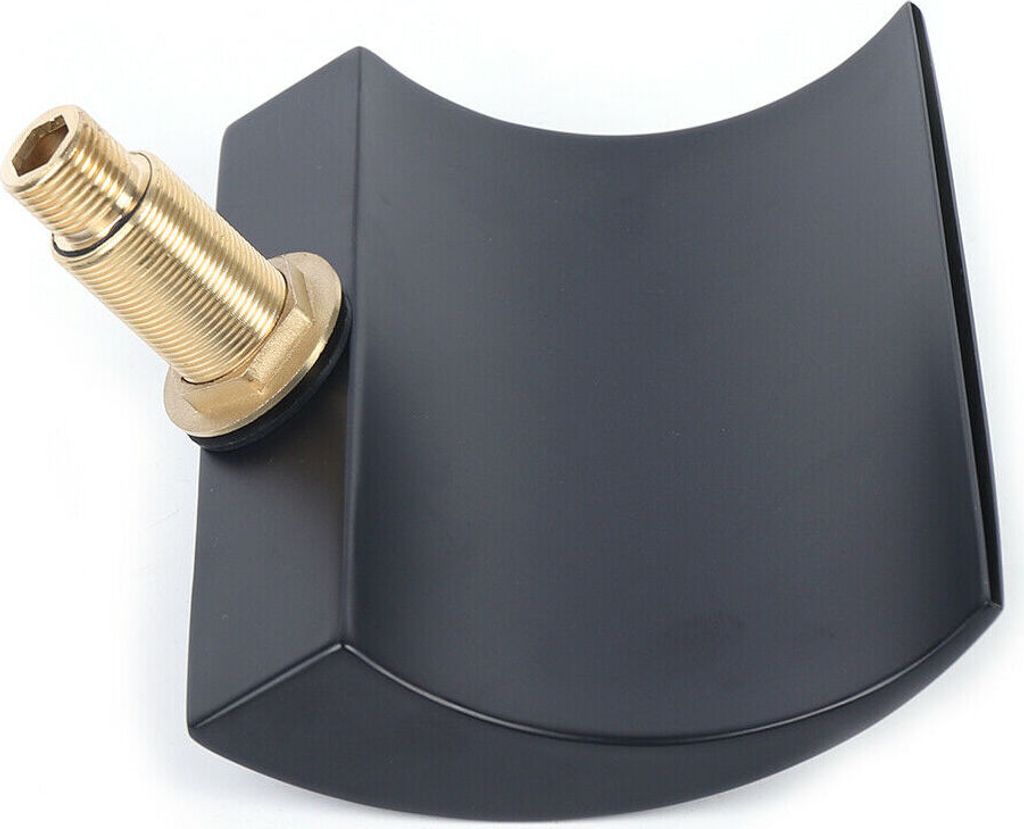 A close-up studio shot of a black bathtub faucet with a gold threaded pipe extending from the side.