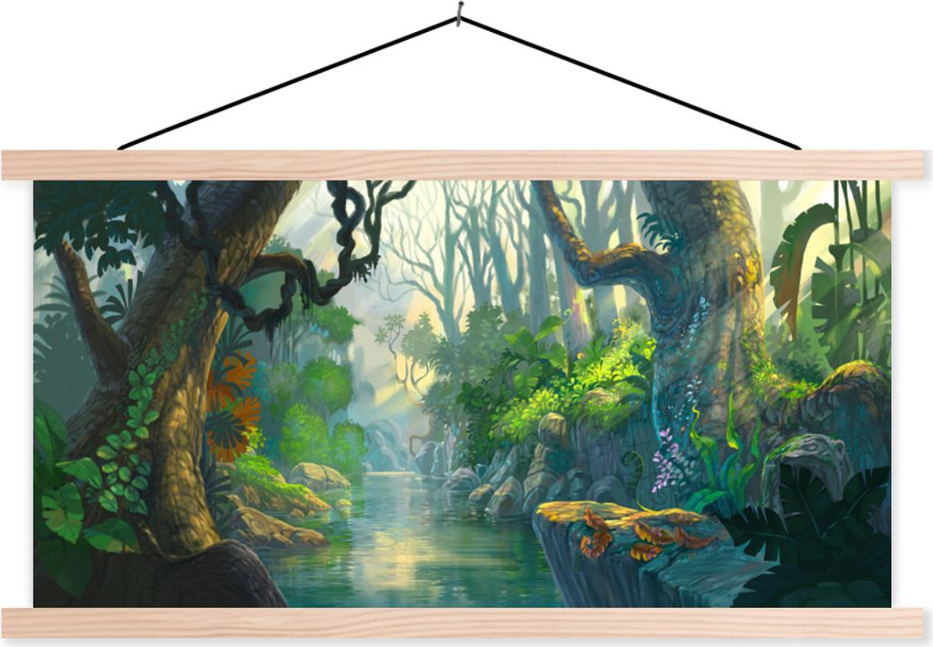 MuchoWow Textilposter Wald - Fluss - Malerei - Mädchen - Kinder - Jungen 60x30 cm mit holzfarbenen Rahmen - Dekoration