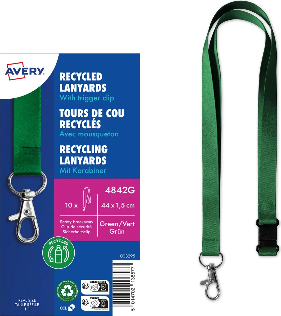 Laccetti Avery 4842G con Moschettone - Nastro Verde 15mm rPET
