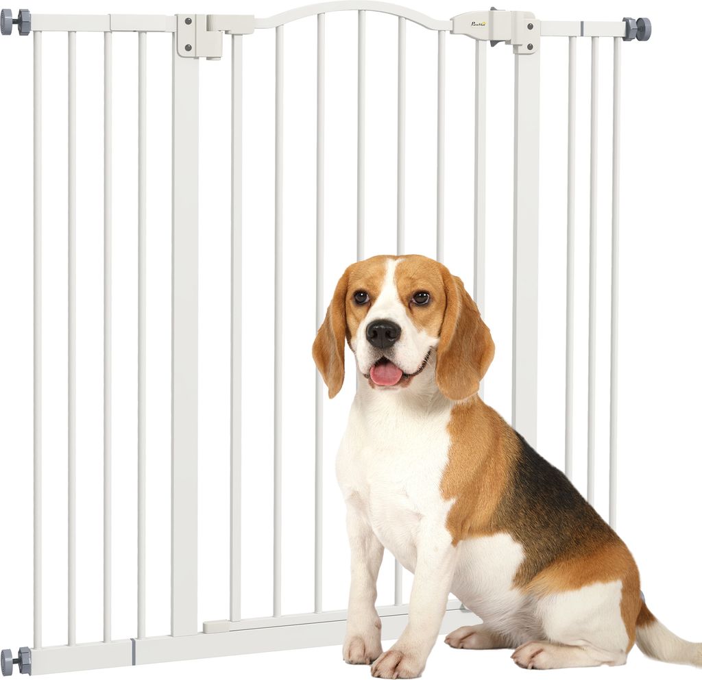 PawHut Hundegitter mit 4 verstellbaren Schrauben und Klebeband, Sicherheitsgitter aus Metall und Kunststoff, 74-100x94cm, weiß