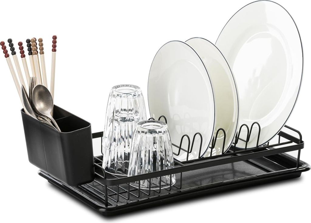 Ablagegestell für Geschirr - mit abnehmbaren Haken und Abtropfschale - Spülbecken Trockenregal - 39 x 23 x 8 cm - schwarzes Ablagegestell Curver