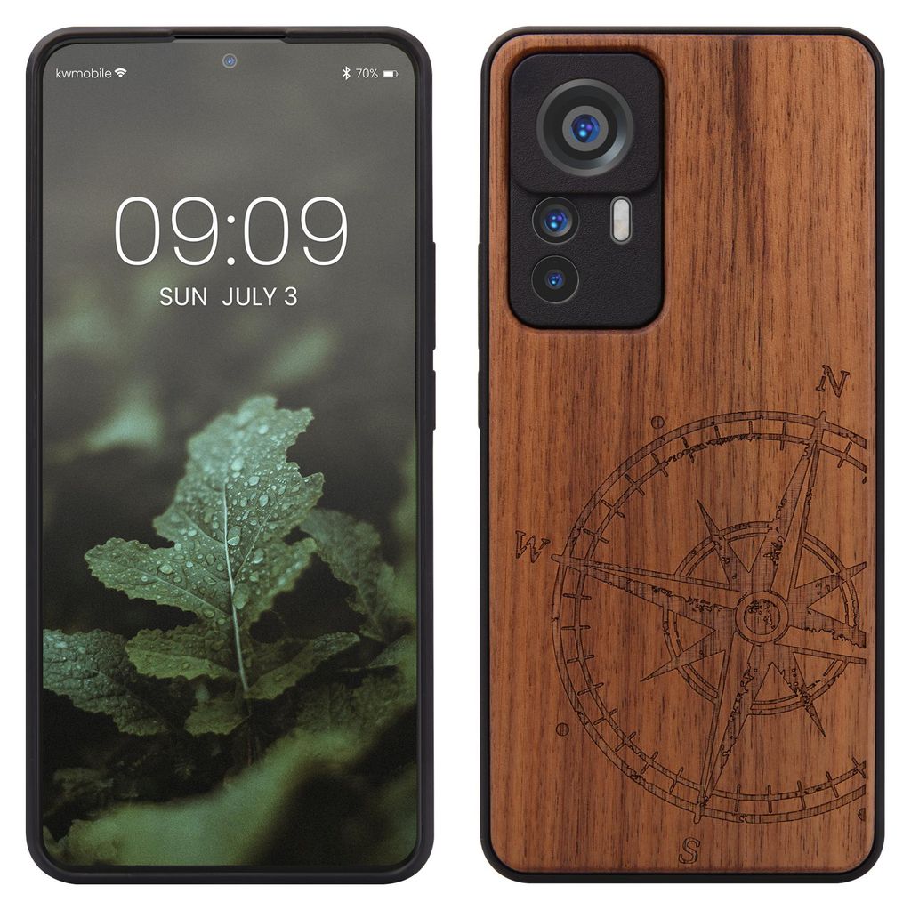 kwmobile Handyhülle für Xiaomi 12T / 12T Pro Hülle Holz - Case mit TPU Bumper - Stoßfestes Hardcase - Schutzhülle Cover in Dunkelbraun