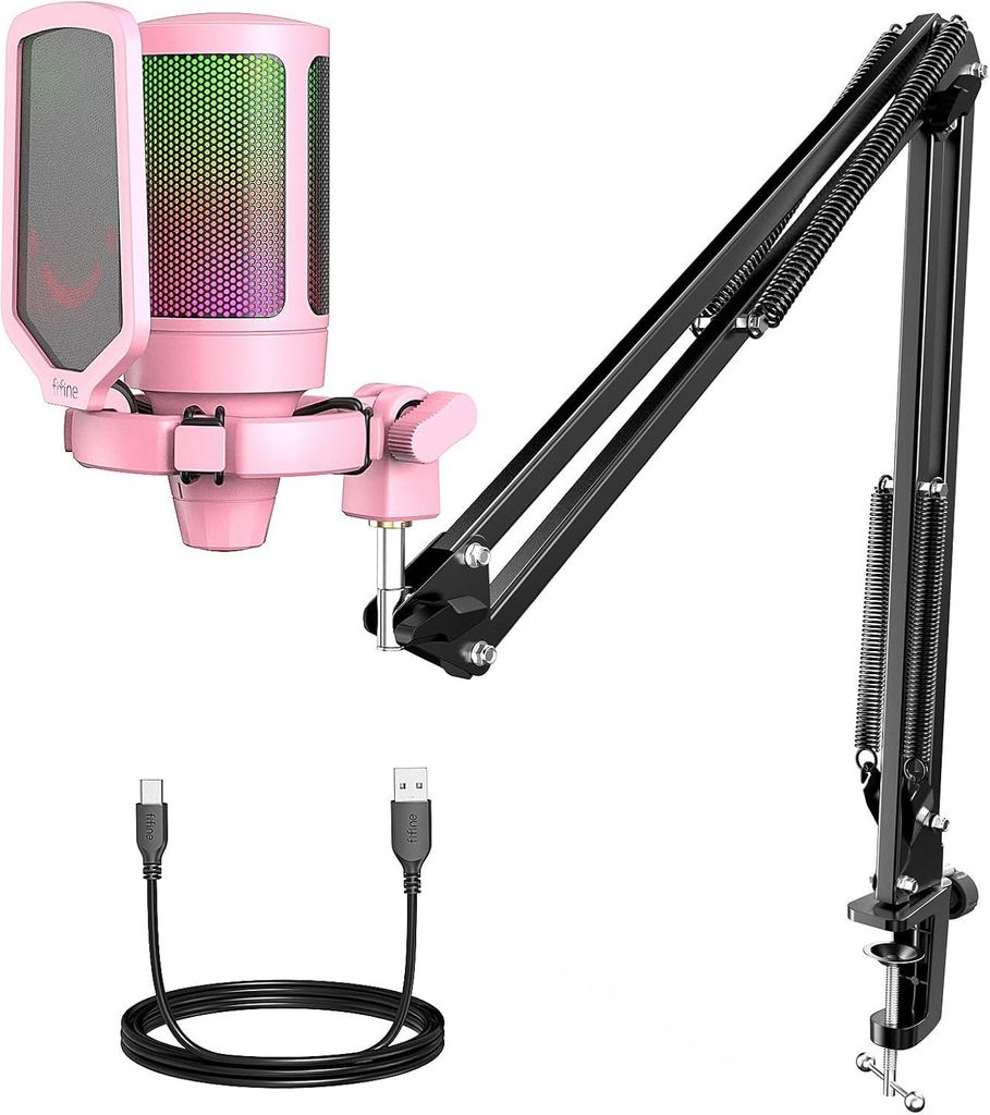 Gaming USB Mikrofon mit Arm für PC, Mac, PS4/PS5 – Kondensator, RGB Beleuchtung, Stummschalter, Popfilter, Shock Mount, Streaming & Podcast