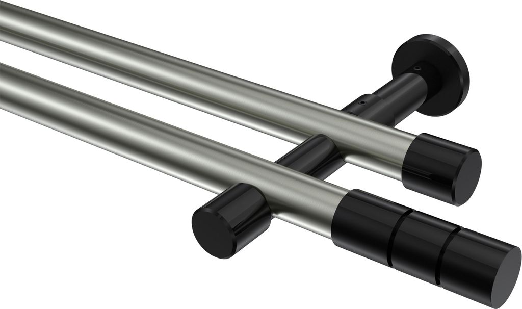 Interdeco Gardinenstange / Vorhangstange Edelstahl-Optik / Schwarz, Typ Prestige Elanto (Rillenzylinder) ohne Ringe, 20 mm Ø 2-läufig, 400 cm