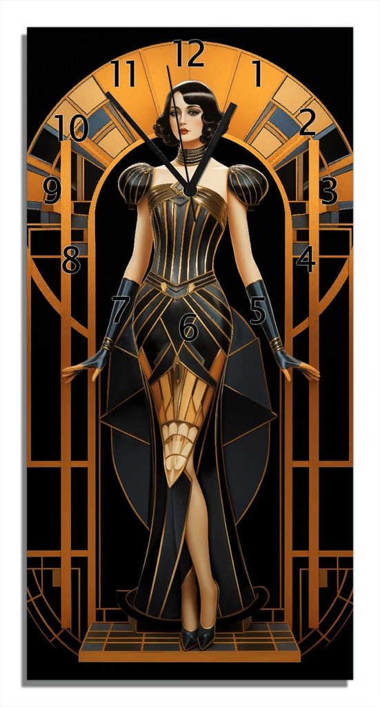 Wallario Design Wanduhr Goldene Ära Diva aus Echtglas, Größe 30 x 60 cm