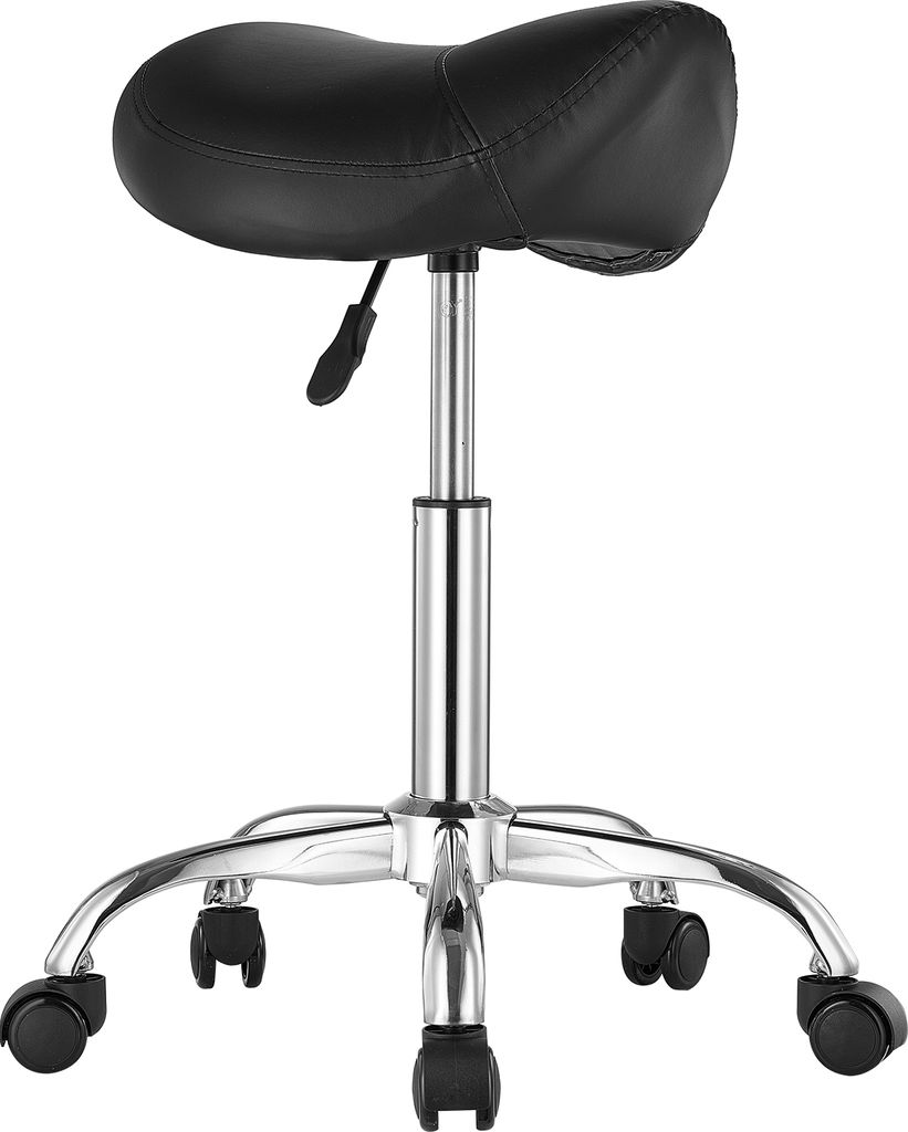 A black saddle stool with a chrome base and wheels.