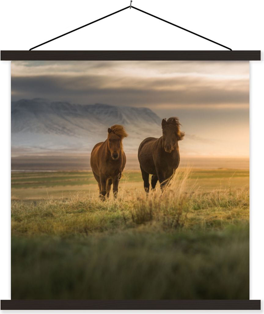 MuchoWow Textilposter Pferde - Luft - Gras 120x120 cm mit schwarzem Rahmen - Aufhängungsset