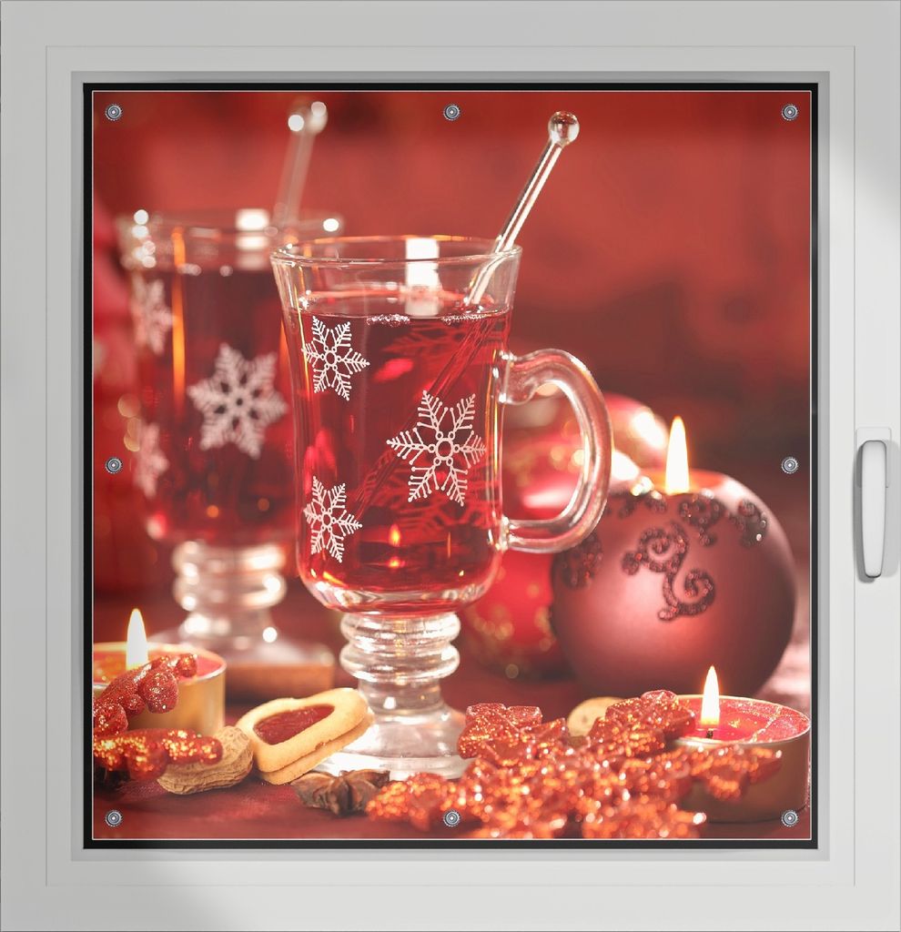 Wallario Lichtschutzbild, Dekorativer Sichtschutz Sonnenschutz 96 x 93 cm mit Motiv: Heißer Winterpunsch mit Kerzen - Verdunklung ohne Bohren