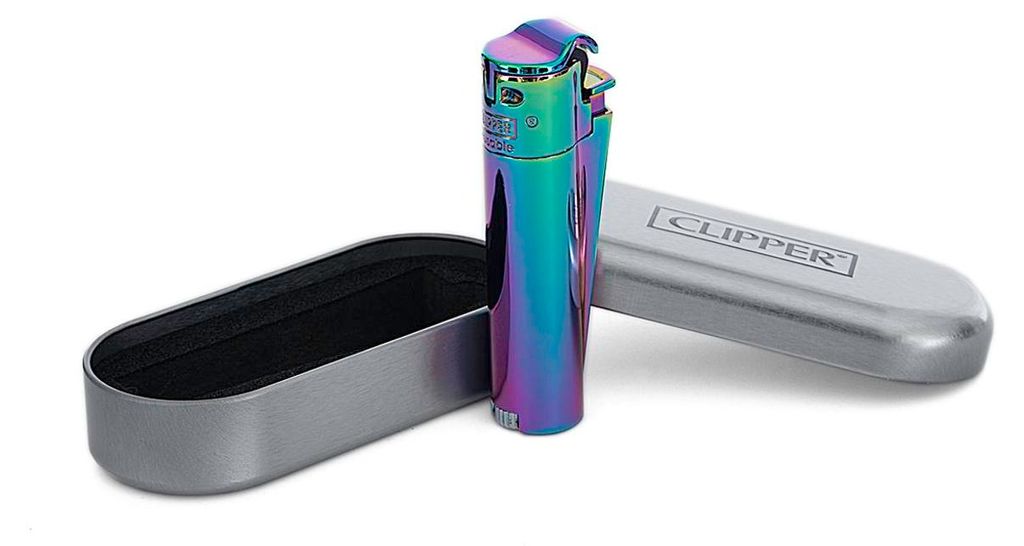 A rainbow-colored Clipper lighter and its silver case are displayed on a white background.