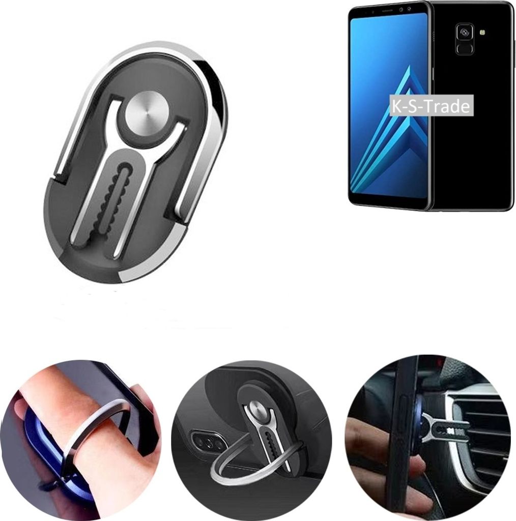 K-S-Trade 3in1 Smartphone-Ring Handy-Ring kompatibel mit Samsung Galaxy A8+ (2018) Fingerhalterung Handyring Tischständer Lüftungsgitter-Halterung