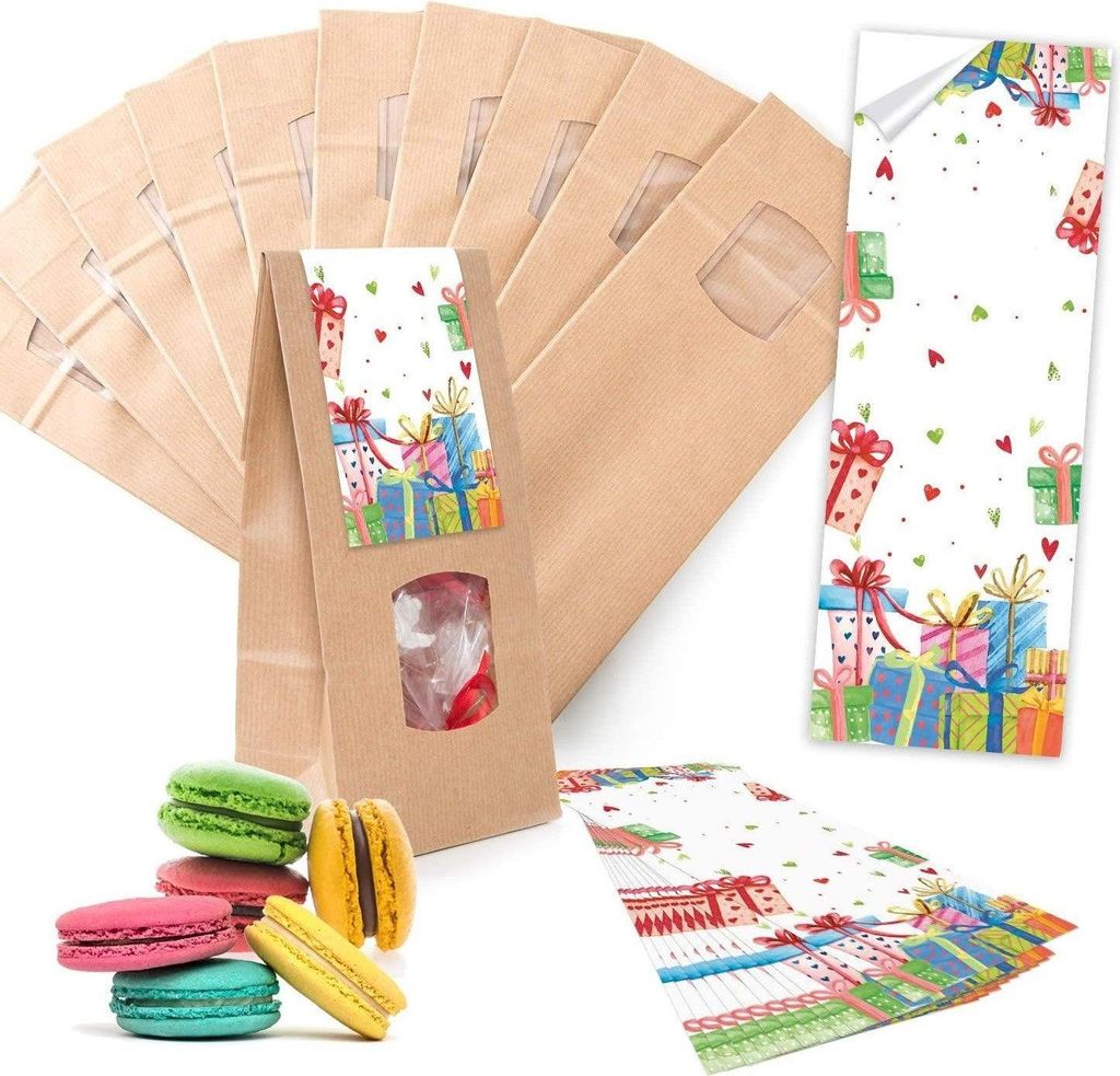 Logbuch-Verlag 10 braune Blockbodenbeutel + bunte Aufkleber - Geschenktüten mit Fenster zum Befüllen - für Lebensmittel geeignetBunte Geschenke