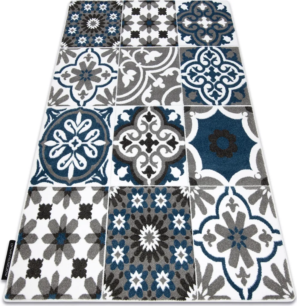 Tapis ALTER Porto motifs fleurs bleu et blanc rectangle 140x190 cm